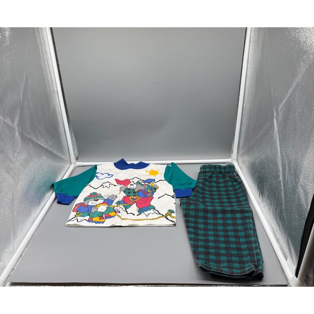 Vintage Healthtex Kids 2T Mountain Bear Graphic Tee & Plaid Pants Set USA Made
